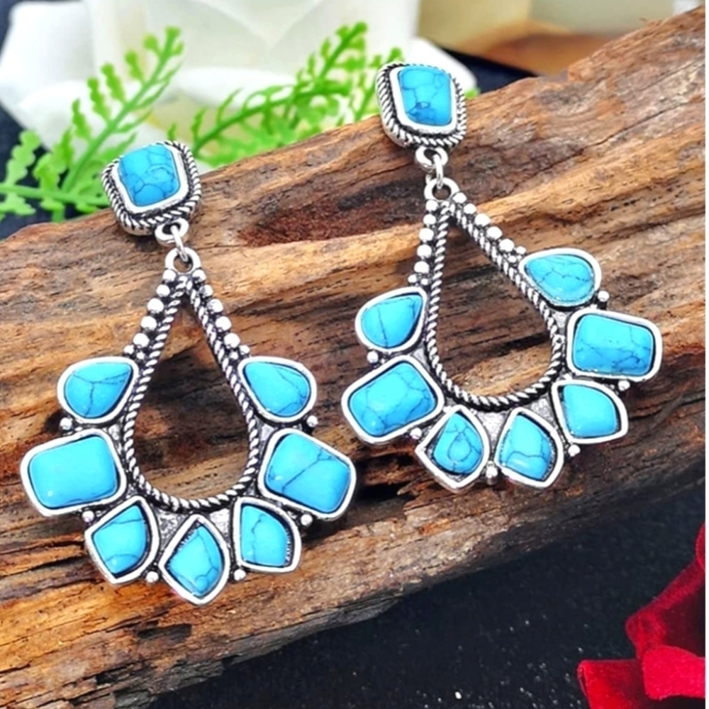 Turquoise Earrings 925 Silver Plated Western Bohemian Boho Blue Silvery Jewelry - Picture 6 of 8